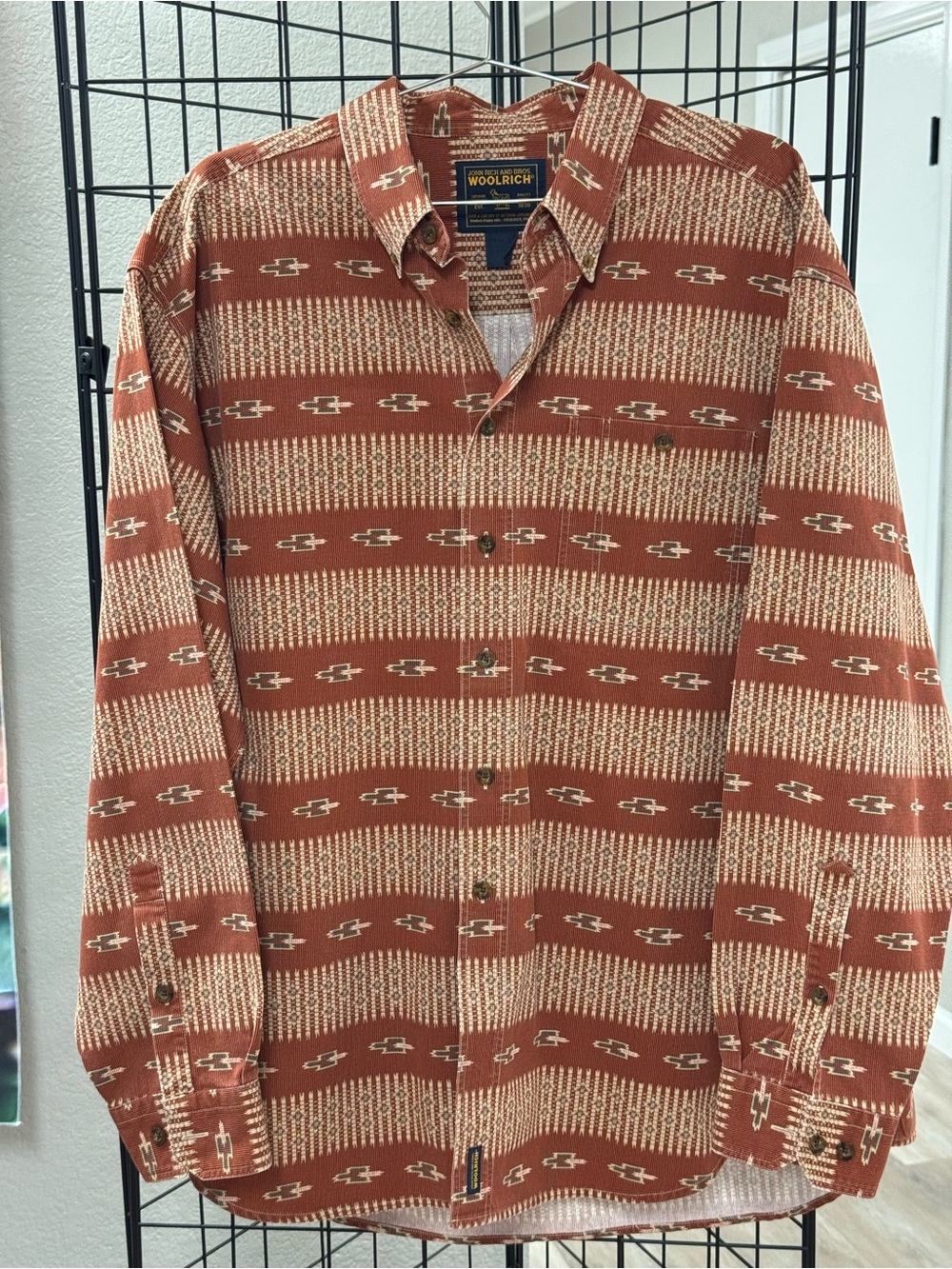 Woolrich Men's Rust Patterned Button-Up Shirt 2XL vintage